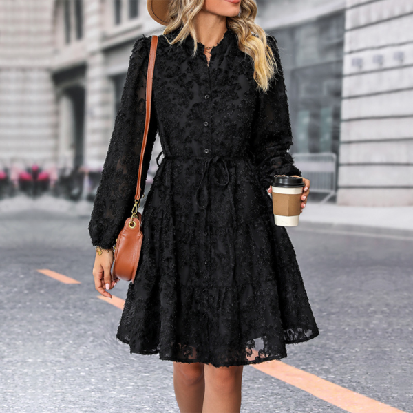 Lace Tied Long Sleeve Dress Fashion Medium Length Dresses Womens Clothing - Image 2