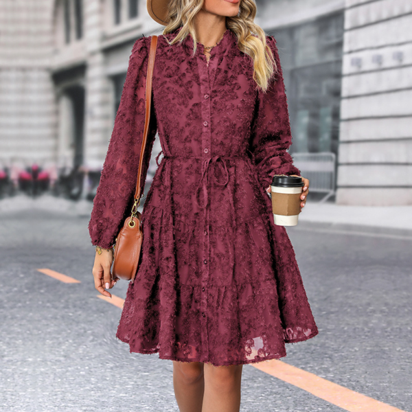 Lace Tied Long Sleeve Dress Fashion Medium Length Dresses Womens Clothing - Image 3