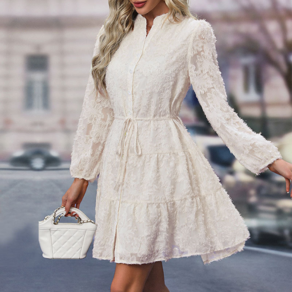 Lace Tied Long Sleeve Dress Fashion Medium Length Dresses Womens Clothing - Image 4