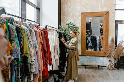 A woman in a trench coat selecting clothes in a boutique with a large mirror.